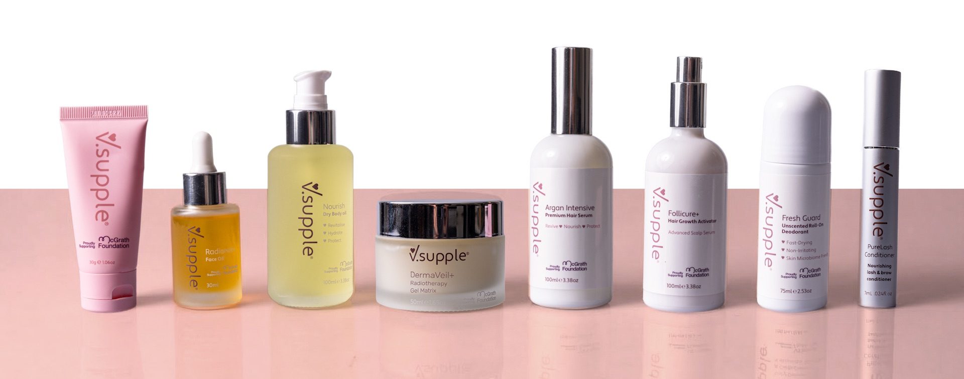 V.supple Products - Balm, DemaVeil+ Radiotherapy Gel Matrix, Radiance+, Nourish, Follicure+, Argan Intensive, PureLash Conditioner, Fresh Guard
